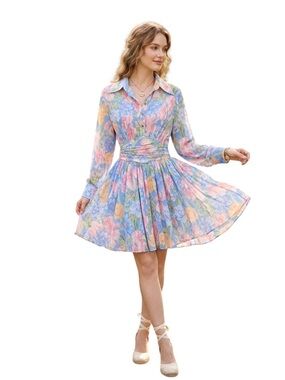 Olivaceous Floral Dress Medium Blue Cottagecore Belted Chiffon Midi
